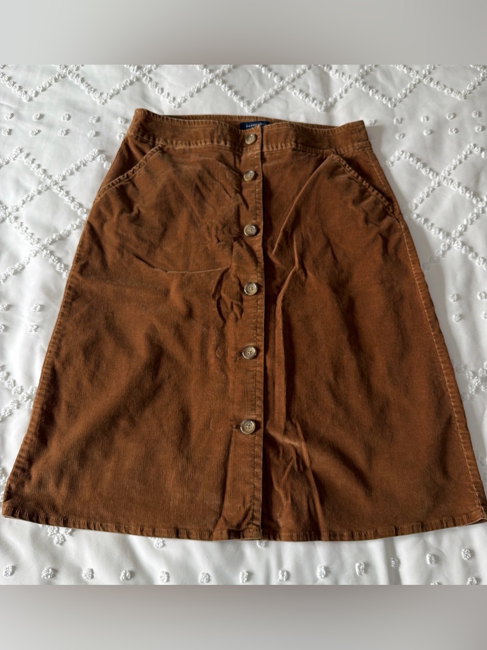 Lands End Women’s Size 8 Tan Corduroy A-Line Midi Skirt with Button Closure